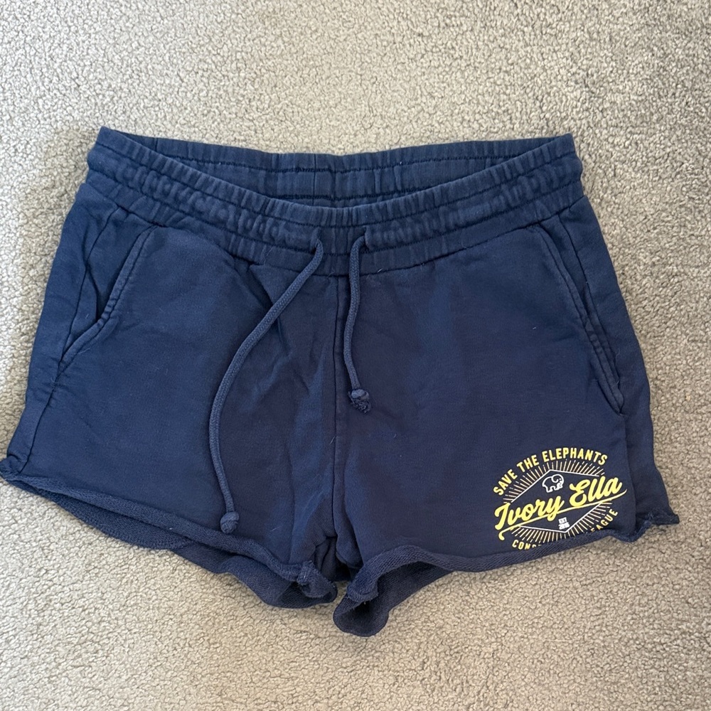 ivory ella Navy Drawstring Athletic Shorts with Yellow Logo